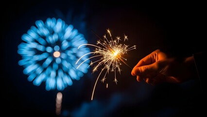 A hand holding a sparkler with a blue firework in the background during the night.