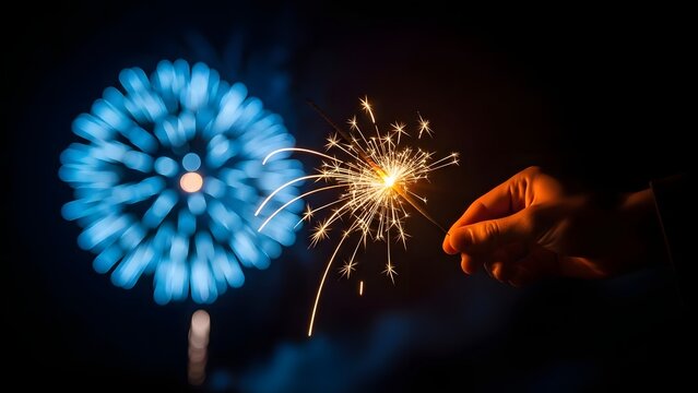 A hand holding a sparkler with a blue firework in the background during the night.