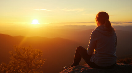 Plakat woman meditating on the mountains on the sunrise