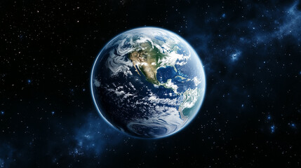 Fototapeta premium Planet Earth with detailed relief and atmosphere. Blue space background with earth and galaxy.