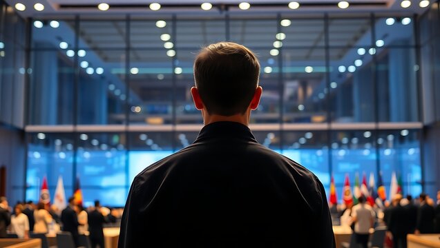 Generative AI portrays an individual's perspective overlooking a multinational forum in a luminous