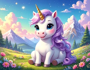 A charming unicorn illustration in a whimsical landscape evoking fairytale magic