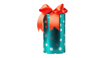 Teal gift box with orange bow isolated PNG, present with polka dots on transparent background for birthday and holiday celebrations