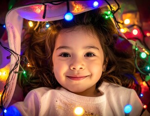 A charming little girl's joyful moment surrounded by sparkling Christmas lights