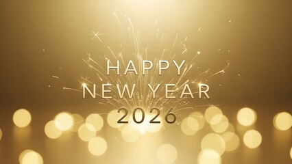 Happy New Year 2026 greeting with golden sparklers and festive bokeh lights in the background.