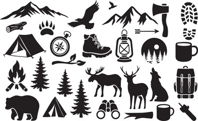 compass, silhouette, boot, camping, journey, nature, vector, wilderness, wildlife, adventure, forest, hiking, mountain, travel, tree, exploration, bear, gear, moose, survival, camp, tent, backpack, ca