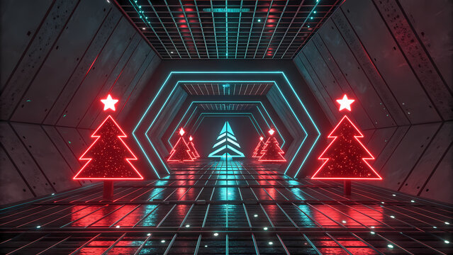Futuristic Neon Red Stage Background with Digital Christmas Trees for Tech Sales