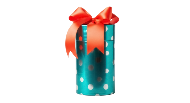 Teal gift box with orange bow isolated PNG, present with polka dots on transparent background for birthday and holiday celebrations