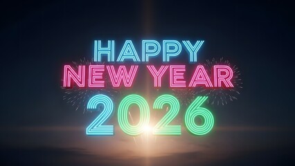 Happy New Year 2026 text with colorful neon lights and fireworks, celebrating the upcoming year with a festive and bright atmosphere.
