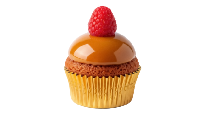 Delicious cupcake with caramel topping and raspberry isolated PNG, gourmet dessert on transparent background for bakery and confectionery use