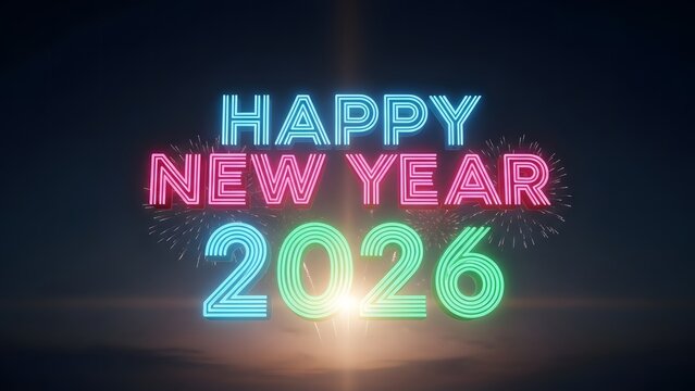 Happy New Year 2026 text with colorful neon lights and fireworks, celebrating the upcoming year with a festive and bright atmosphere.