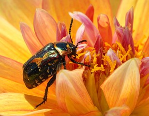 A close-up view showcases a vibrant flower with a beetle perched delicately on its petals