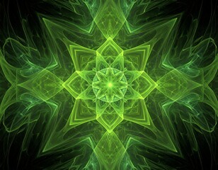 Symmetrical neon green fractal flower design on a dark background