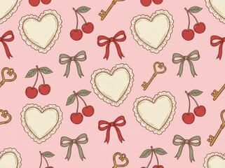 Heart Pillow, Cherry, Bow, and Vintage Heart Key Pattern on Pink Background
