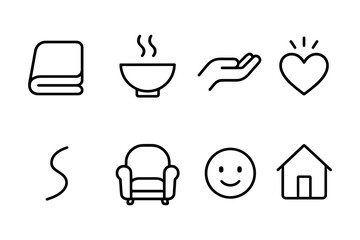 Minimalist line art icons of comfort and care essentials