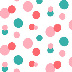 Christmas Confetti Seamless Pattern. Colorful pastel red, pink, green dots background. For Xmas, party, nursery. Holiday wrapping paper