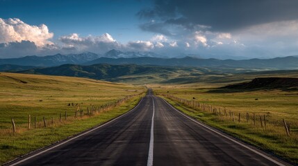 A long road stretches across a vast, empty field. The sky is cloudy, and the mountains in the distance are covered in snow. The road is empty, with no cars or people in sight. The scene is peaceful