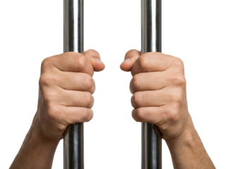 Desperate hands gripping cold steel bars, a symbol of confinement and longing for liberation on