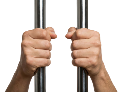 Desperate hands gripping cold steel bars, a symbol of confinement and longing for liberation on