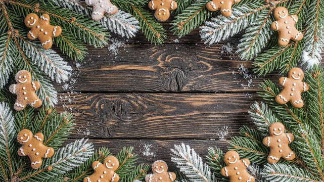 Festive gingerbread cookie wreath composition flatlay on dark wood background template overlay