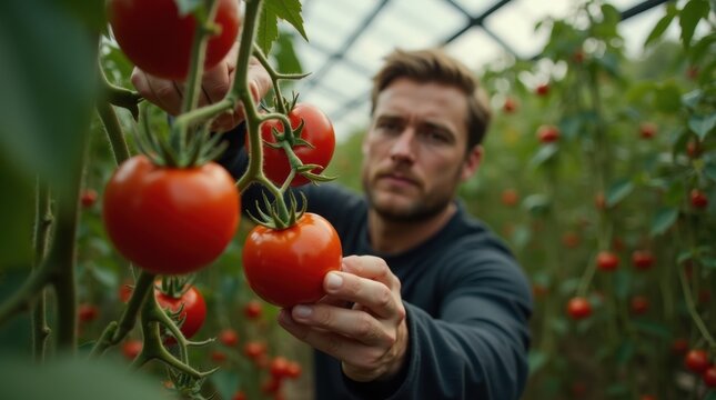 Farmer inspecting ripe red tomatoes growing on vines in a greenhouse - Powered by Adobe
