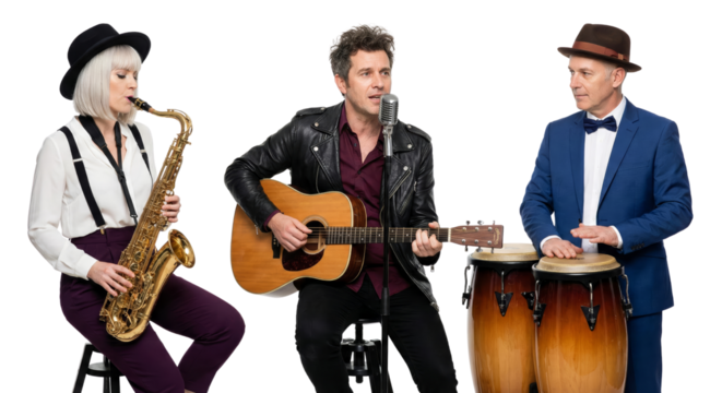 Dynamic trio performing live music with saxophone, guitar, and congas against an isolated space