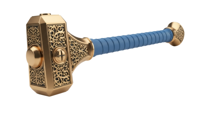Ornate golden hammer isolated PNG on transparent background, mythical weapon with intricate designs for fantasy and historical themes