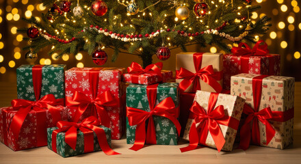 Festive christmas gifts wrapped in red and green under a twinkling tree