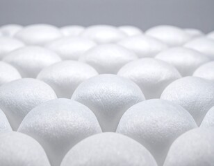 Close-up of a grid of spherical, textured, white shapes. Depth of field creates a blur in the background, drawing focus to the foreground