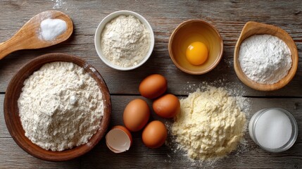 A wooden table with a variety of ingredients for baking, including flour, sugar, eggs, and salt
