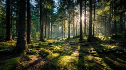 Fototapeta premium Sunlight breaks through the dense canopy of trees in a peaceful forest. Shadows stretch across the mossy ground creating a tranquil atmosphere in the early morning.