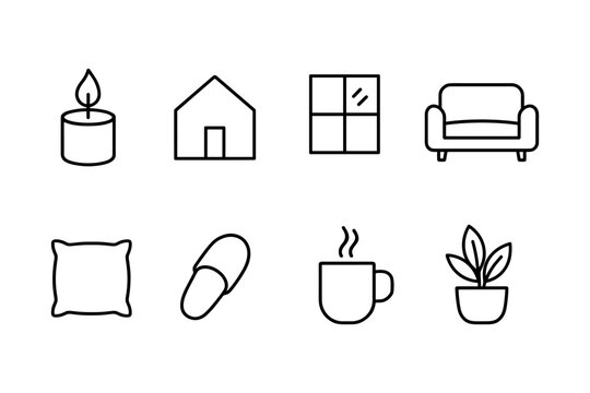 Minimalist linear icons: cozy home essentials for modern living spaces