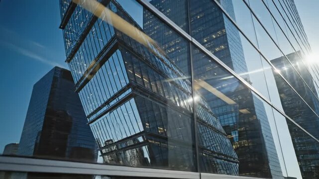 Abstract architectural reflection on a massive clean glass window creating sharp geometric patterns and shifting light trails clean, structural, architecture