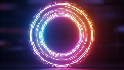 A vibrant neon ring glows with a spectrum of colors, from electric blue to fiery red, set against a dark, blurred background.