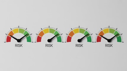 Four separate gauges display varying levels of measured risk against a neutral background.