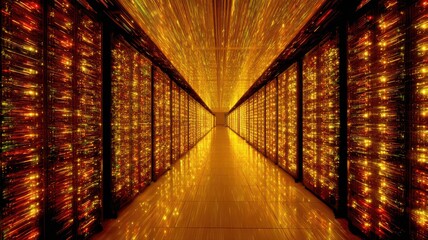 Photography of people working in a high-tech data center with a glowing light speed lines of data code running through the rows of server racks.