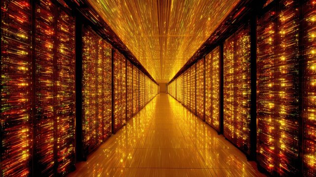 Photography of people working in a high-tech data center with a glowing light speed lines of data code running through the rows of server racks. - Powered by Adobe