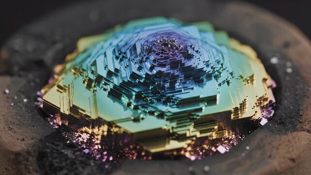 A single complex bismuth crystal displaying iridescent colors