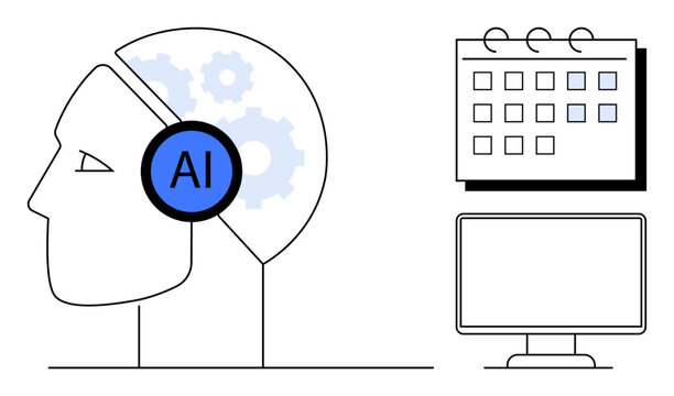 Head with AI gears, calendar, and computer monitor highlight technology, planning, productivity, time management, brainstorming, innovation, and digital transformation in a simple flat metaphor