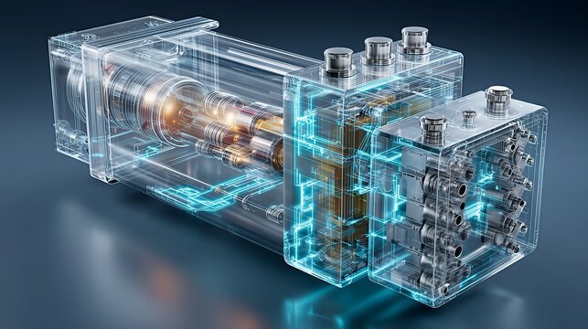 Transparent mechanical part internal structure digital twin concept with glowing blue circuits and metallic piston engine component. High-tech industrial engineering, automotive R&D, and precision hyd