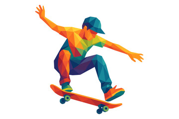 Obraz premium Geometric skateboarder performing a trick in vibrant polygonal style