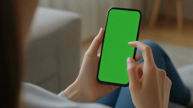 A person holds a smartphone with a green screen, ready for content insertion, while relaxing in a casual home setting.