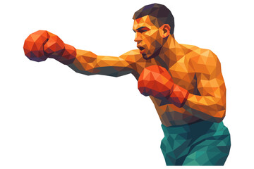 Polygonal art of boxer throwing punch in dynamic pose with vibrant colors