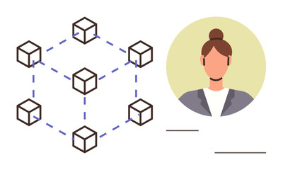 Network of interconnected blocks next to a female avatar profile. Ideal for blockchain, technology, identity, security, digital innovation, decentralization, authentication. Simple flat metaphor