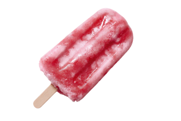 A close-up shot of a red and pink frozen treat on a wooden stick, set against black
