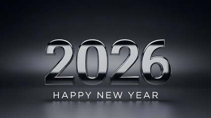 Shiny silver 2026 text with Happy New Year below, on a dark background.