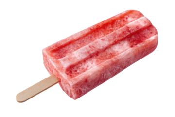 A close-up shot shows a rectangular popsicle with a wooden stick. Its a red, textured treat