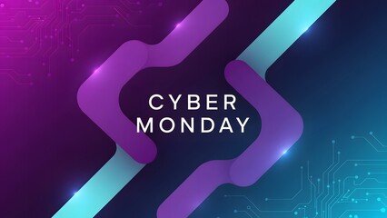 Cyber Monday promotional graphic with purple and blue design elements.