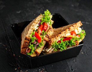 Close-up of a delicious sandwich with vibrant ingredients. Two halves of toasted bread filled with fresh vegetables, and meat