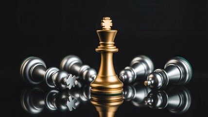 Golden chess king stands triumphantly over defeated silver opponent pieces on dark reflective surface
